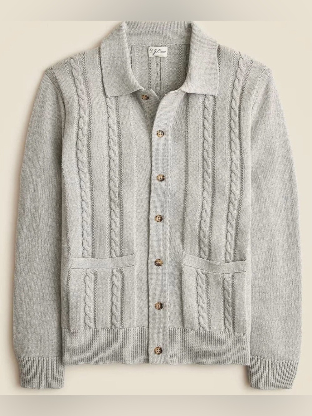 J Crew Heritage Cotton Cable Knit Cardigan Sweater Polo in grey medium